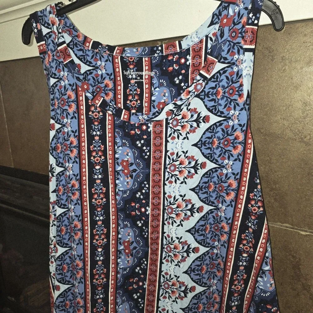 Soft Surroundings Sz 3X Santiago Blue Red Floral Side Pockets Boho Trapeze Dress